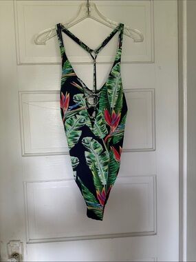 Tropical Leaf One-Piece Swimsuit - Black with Green & Pink